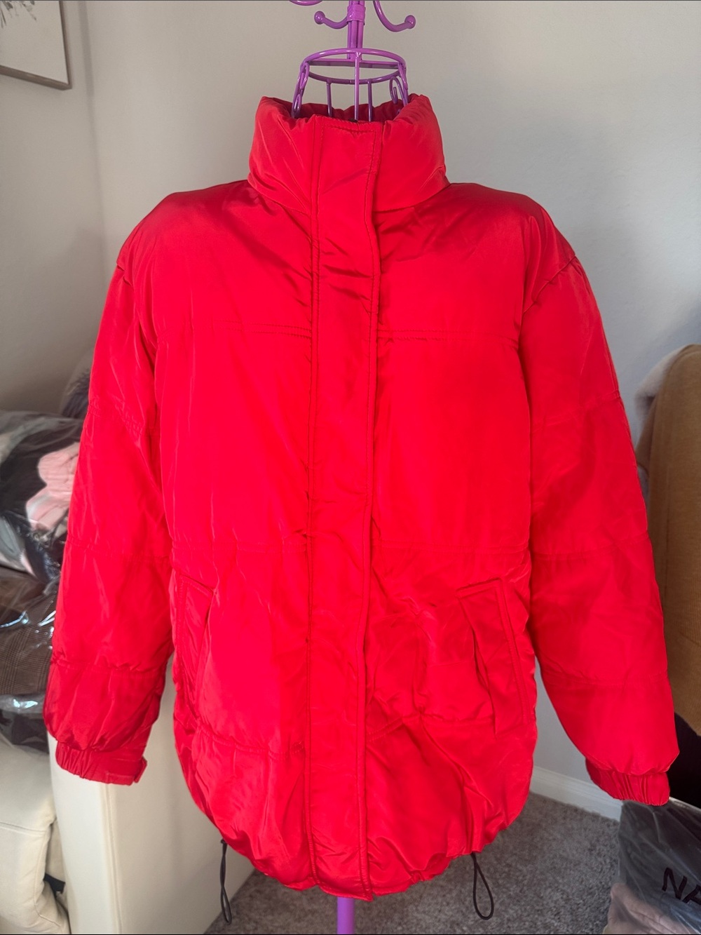 H&M Women's Bright Red Quilted Puffer Coat